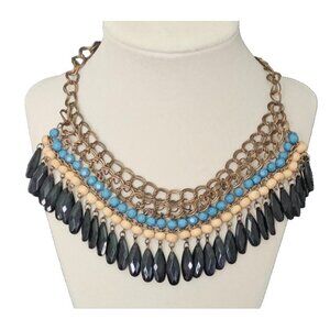 Bib Statement Necklace Gold Tone Turquoise Black Beige Beads Boho Retro 17"